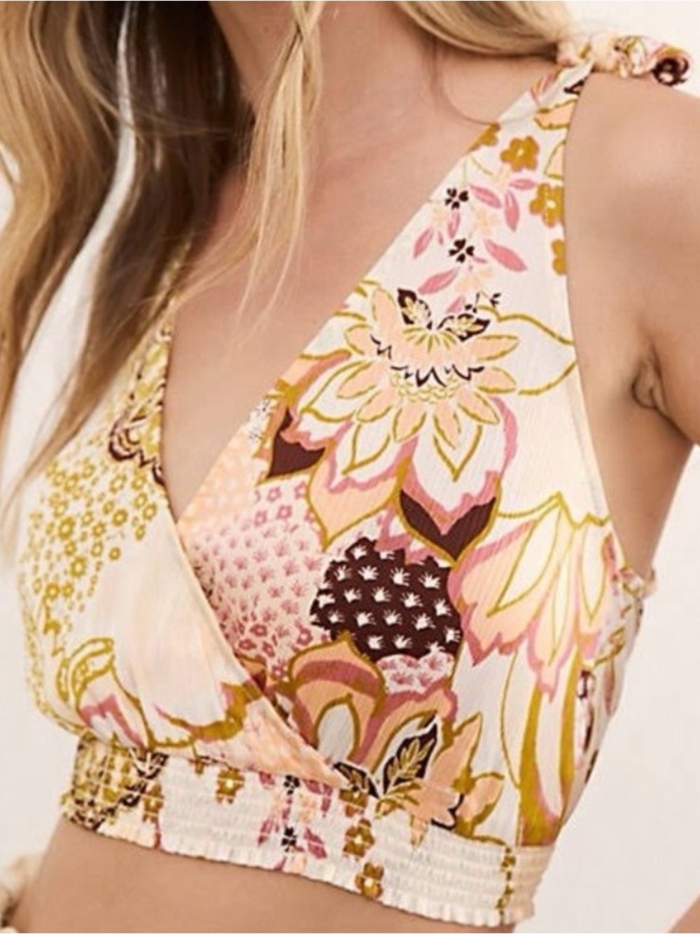 Free People Floral Cream, Pink & Mustard Crop Top Size Small